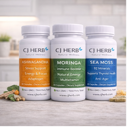 Three CJ Herb supplement bottles on a light background